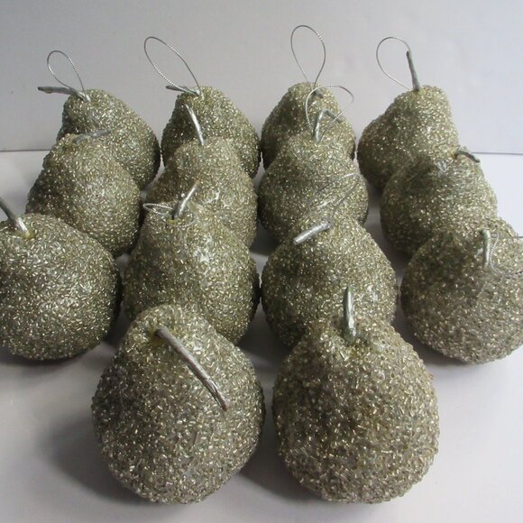 Silver Beaded Pear Christmas Fruit Holiday Tree Ornaments Decor Set of  14 - Picture 2 of 14